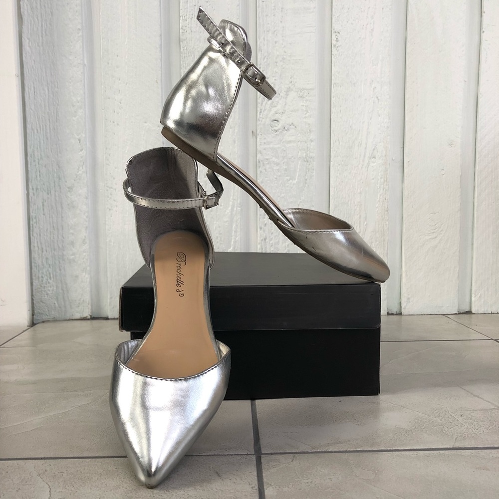 Silver ankle strapped flats
